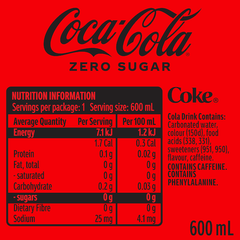 Coca Cola Zero Sugar 600ml Bottle